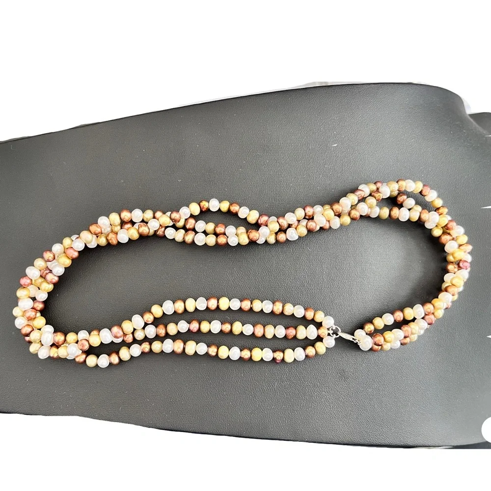 Triple Strand Multicolor Freshwater Pearl Sterling Silver Necklace, 17.5”